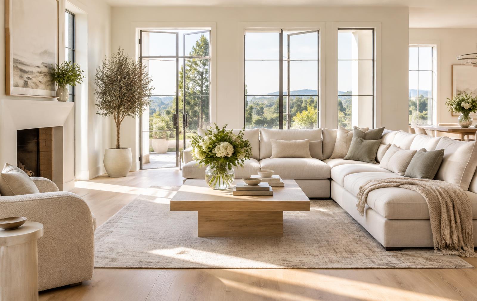 Bright, spotless living room with ivory sofa and sunlight